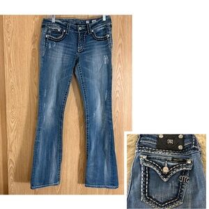 Miss Me Blue Flare Bootcut Long Jeans with Embroidered Button Flap Pockets